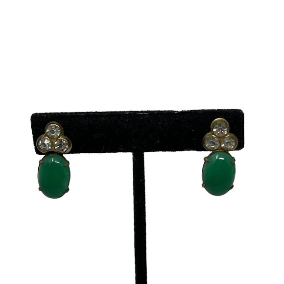 Vintage Screw Back Earrings Clear Rhinestones Green Glass Center Dangle Drop - Picture 1 of 8